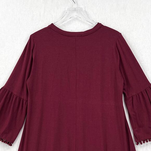JOHNNY WAS CALME Flute Sleeve Swing Dress Womens Medium Burgundy Maroon Pom Pom - Picture 6 of 15